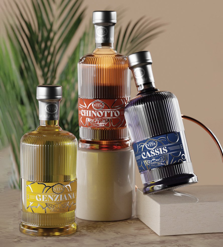 Bottiglie di Vita Genziana, di Vita Chinotto e di Vita Cassis