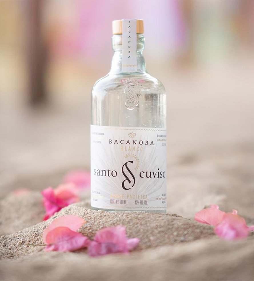 Bottiglia di Bacanora Santo Cusivo su spiaggia con petali di fiore